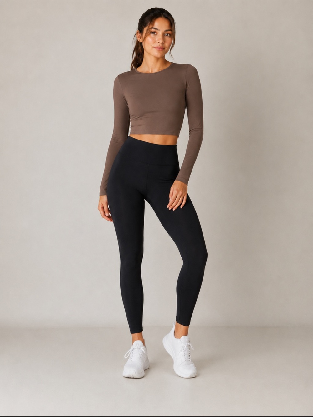 NWT UNLABELED Mushroom Brown Long Sleeve Crop Workout Top Sz S/M